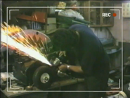 Grinding work takes place in the Team Trojan workshop, in a clip from the team's video diary shown in Robot Wars Revealed