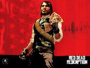 Artwork of John Marston, holding a wanted poster of himself.