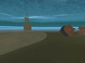 The submarine with the shipwreck in the background.