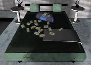 A duffle bag with money on the bed after completing The Job.