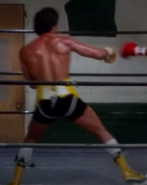 Rocky wearing the first Italian Stallion costume (black and gold) with a protector for the 3rd fight against Apollo Creed, seen in Rocky III.