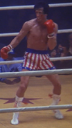 Rocky in the rematch against Clubber Lang using the American costume, a present from Apollo Creed, his new trainer in Rocky III.