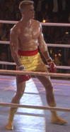 Ivan during his first professional fight against Apollo Creed in the fight East Vs. West sporting yellow and red colours, characteristics of his nation upside, the USSR, seen in Rocky IV.