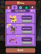 The epic animal menu in the Shop