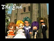 Screenshot of Annie, Liza and Roufas at Emelia and Ren's wedding.