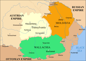 Moldova (în portocaliu) şi Valahia (verde), între 1793 şi 1812