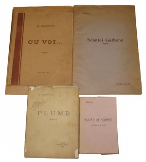 The original editions of four Bacovia volumes (Plumb, Scântei galbene, Cu voi..