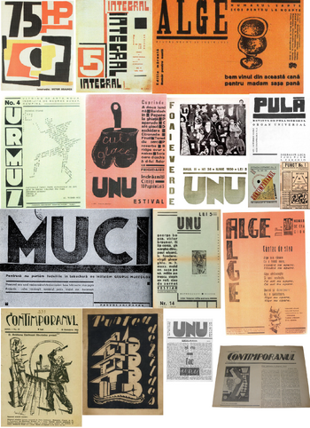 Several issues of avant-garde revues (75 HP, Integral, Alge, Urmuz, Unu, Pulă, Contimporanul, Punct, Muci, Puntea de fildeș)