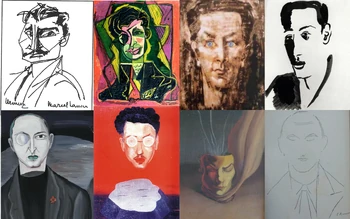 Portraits of Urmuz, Tristan Tzara, Ion Vinea, Ilarie Voronca, C. Sernet, Sașa Pană, G. Luca, B. Fundoianu (by M. Janco, M.H. Maxy, M. Rădulescu, R
