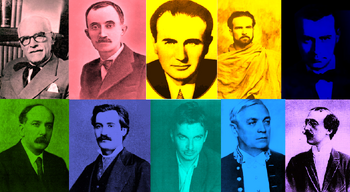 Tudor Arghezi, G. Bacovia, Camil Petrescu, Mircea Eliade, Lucian Blaga, Ion Barbu, Mihai Eminescu, Nichita Stănescu, Liviu Rebreanu, Al. Macedonski - all in color.