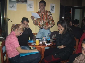 George Vasilievici and Mugur Grosu reading at an edition of the EroTICA festival (early 2000s, photo by László Kállai)