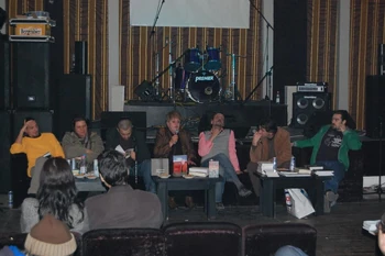 From left to right: Mugur Grosu, Sorin Dinco, Grigore Șoitu, Ștefania Mincu, Octavian Soviany, Mircea Țuglea and Dan Mihuț, 2011 event in memoriam Marin Mincu (photo by Iulia Pană)