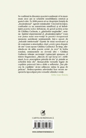 Back cover of "nuferii mor în cadă" by Cătălina Cadinoiu (see Cartea Românească website)
