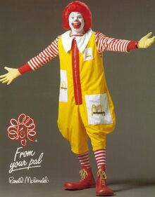 Ronald McDonald wearing the yellow jumpsuit outfit that would define the character for many years.