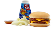 Mighty Kids Meal with Double Cheeseburger, apple slices, and milk