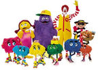 Image of Ronald McDonald (center right), with the Hamburglar (right), Grimace (center left), Birdie the Early Bird (left), and the colorful Fry Kids.