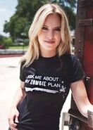 Barbara wearing the "Ask Me About My Zombie Plan" shirt