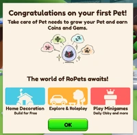 The interface congratulating the player for obtaining their first pet in the game.