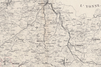 Extrait de la carte routière du département de la Nièvre dressée en 1830. / Source : Bibliothèque nationale de France