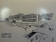 Vue d'artiste du premier projet centre urbain. Au premier plan : échangeur de la Busserine. © Archives de la Ville de Marseille