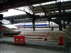 TGV Réseau en livrée "Lacroix" au premier plan et TGV POS au second plan en gare de Paris-Est © LGV2030 