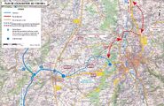 Carte indiquant les aménagements prévus dans le cadre du prolongement de l'A719 vers Vichy, ainsi que le tracé des projets de routes devant desservir et contourner Vichy à terme. © DDE03