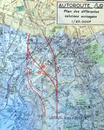 3. Synthèse des variantes envisagées à Arcueil en 1948 A = tracé initial S.S.A., C = tracé initial S.A.R.P., B = variante préférée par Arcueil © Dark_green67