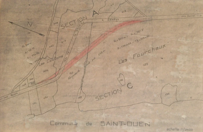 Rectification de tracé prévue au niveau du hameau de "La Chapelle Gond" à Saint-Ouen-sur-Loire en 1963. © Frantz58