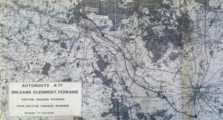 Carte du tracé prévu pour l'A71 entre Vierzon et Bourges en 1974 © Frantz58