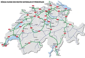 Projection du réseau autoroutier national suisse après la mise en service complète de l'A16 en 2016.© OFROU.