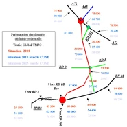 Carte des trafic attendus avec et sans COSE à l'horizon 2015.