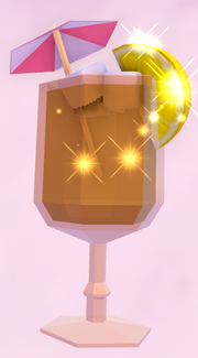A wine glass full of iced tea topped with a lemon slice.