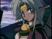 Айша из аниме Outlaw Star. Кэмоно-мими, штриховка-румянец и гордо торчащий звериный клык.
