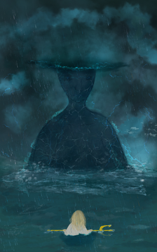 An illustration of Zolf’s dream. It shows Zolf, a blond dwarf wearing a white shirt, from the back, half-submerged in dark water, gripping a golden trident. He is tiny in comparison to the rest of the scene. All around him, a storm rages in dark blues and greens, and Poseidon, a gigantic god, rises out of the sea from the waist up, made entirely of water, and he is looking down at Zolf with a severe expression as the sky stretches out behind him with lightning crashing in the background.