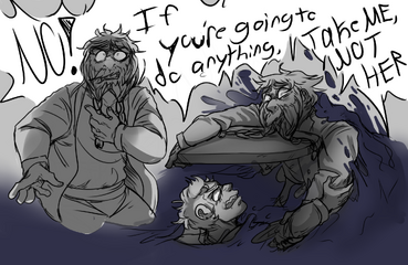 To the left: an black and white image of Zolf, a dwarven man with short hair and a double braided beard. He holds his left hand to his chest and his eyes are wide on his face. His mouth is open in a gasp. To the right: Zolf is holding onto a piece of hovering stone, his bread is draped across it. Below him is Sasha, a human female. Only her head is visual as the rest of her is submerged under water. Her right arm is holding onto Zolf's left arm. The words: No! If you're going to do anything, take me, not her are spread across both images in the background.