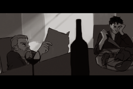 An unsaturated image of Zolf and Sasha sitting at a table in a hotel room in Paris, with light from the sun coming in through the window. Zolf is a white dwarf, with light hair and a beard tied into plaits; he has a dark jacket on. He is reading a newspaper, eyebrows furrowed in anger and upset. On the other side of the table, Sasha is eating a direlobster, cutting it with one of her knives. She's wearing a dark jacket, and has pale skin with short black hair and a scar stretching across her neck. She's resting her head in her hands, looking upset and sad. A wine bottle and half-full glass are in the foreground of the image.