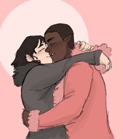 Digital art of Azu, a black orc woman in a pink fuzzy coat, and Kiko, a pale human woman in a gray fuzzy coat, kissing. Kiko has medium-length dark hair, and her arms are wrapped around Azu's neck. Azu's eyes are half-open as she kisses Kiko, hands on her hips.