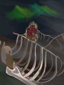 A dark image of a ship flying around skeletons. The background is a mix of black and brown, with a green and blue borealis shining in the background. The ship - the Vengeance, looks like a 1800s sailing ship, with tall masts. The ship is brown and wood, with red sails. It flies above massive skeletons; white ribcages and bones that stick up out of the dirt.