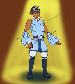 An image of a dark elf on stage. The background is brown, with a single yellow spotlight shining down on the dark elf. He has brown skin and dark brown hair, and seems to be of average height, with lean muscles. He is wearing a blue outfit; a sleeveless tunic with white bordering and a high collar, with bright blue puffy sleeves that are disconnected from the tunic itself. The tunic has a darker blue belt, and small feathers that stretch down from the belt. His trousers are white, and are tucked into knee-high black boots. He is wearing a domino mask that has three blue feathers poking out of the top. He has an expression of surprise on his face, and there is a bullet piercing through his chest, where his heart sits.