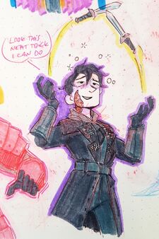 A traditional sketch of Sasha doing drunken knife tricks. She is throwing two daggers in the air at the same time; they are crossing each other. She is smiling, with a blush to her cheek and stars around her head to indicate drunkenness. She is saying “look this neat trick I can do.” She is wearing her usual black jacket and gloves.