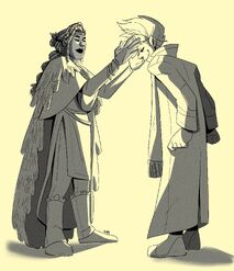 Digital art of Cel and Sohra. Both are shown in full body drawings, standing on an unseen surface and drawn in shades of gray against a solid pale yellow background. Sohra is a human woman with medium-dark skin and long locs gathered at the nape of her neck. She is wearing several layers of cold weather gear, along with a long cloak made of feathers. Cel is a pale nonbinary half-elf with light hair that sticks straight up, held back by goggles on their forehead. Similarly to Sohra, Cel is wearing several layers, though the majority of their clothing is hidden under a high-collared long coat. Sohra is facing Cel, reaching out with a hand beside each of Cel's temples. Cel has their head bowed and is smiling slightly. Both of them have their eyes closed. There is a light source between and behind the pair of them, illuminating their faces and fronts.