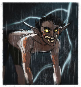 A front facing shot of Hamid, a brown halfling male. He is down on all fours with patches of bronze scales along his skin. His eyes have slited pupils and his mouth is open showing sharp fang-like teeth. There's ridges going down his spine. A bolt of lightning is behind him.