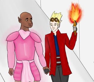 Coloured digital fanart of Azu and Cel walking and holding hands. Azu, a bald Black orc in her usual pink heavy armour, is looking at Cel, a white half-elf with blonde spiky hair and their usual goggles on their forehead, who is looking back. Cel is holding a torch in their other hand. They are walking through a white, bare corridor.