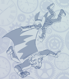 Digital art of Sasha and Grizzop falling, with gears and clocks in the background. Sasha is a human woman with a long jacket, and she's yelling. Grizzop is a goblin, and he is also yelling.