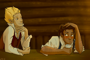 Digital art of Cel Sidebottom and James Barnes sitting next to each other. Cel is a pale half-elf with vertical blonde hair, wearing a long-sleeved, half-unbuttoned white shirt and a brown vest. Their chin is resting on their hand as they smirk at Barnes. He is a tan human man with wavy brown hair and freckles, and he's holding a mug and looking at Cel and blushing.