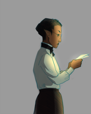 Saira, shown from the thighs up in profile. She’s an Egyptian halfling woman with black hair pulled into a bun, wearing round glasses, a white button-down shirt with a neckpiece, and a dark skirt. She’s reading a piece of paper that she holds in both hands with a serious expression.