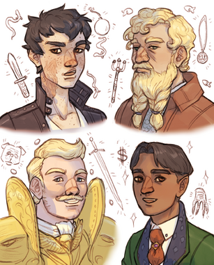 Busts of the Rangers. Sasha, a pale human woman with a burn scar on the side of her face and short, messy black hair. She is surrounded by little doodles of eels, a dagger, and a bomb. To her right is Zolf, a pale dwarven man with curly blond hair and a beard in two plaits, with doodles of fish, a trident, and a necklace surrounding him. Below him is Hamid, an Egyptian halfling man with neatly parted, short black hair. Surrounding him are doodles of sparkles, a dollar sign, and a draconic claw. To his left is Bertie, a pale human man with short, swooshy blond hair and a moustache. Surrounding him are doodles of gold coins, a bastard sword, and Brutor.