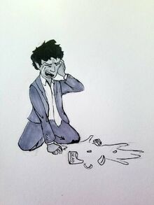 A black and white drawing of Hamid, a halfling male with short hair. He is wearing a suit. He is kneeling on the floor with his left hand on his face. His right arm is in a fist on the floor. His eyes are closed and his mouth is open in a scream. He is crying. There's a shattered coffee mug on the floor in front of him. One of the shattered pieces reads: dead