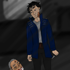 Coloured digital fanart of Sasha and Barret. Sasha is shown from the knees up in her usual studded leather jacket and holding a knife in one hand, loosely to her side. She is looking down with an apathetic expression at Barret. Only Barret’s head is visible. He is gagged with a white cloth, bloody and bruised, and has a black eye. He is looking up at Sasha. The background is blurry black and white.