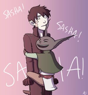 A drawing of Sasha, a human woman with short black hair, and Grizzop, a male goblin. Sasha is standing with her mouth pursed and eyes looking straight forward. Grizzop's arms and legs are up around her midsection. His eyes are closed and mouth in an open smile and a blush on his cheeks. The words: Sasha! Sasha! Sasha! are behind them.